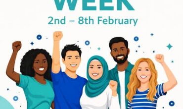 An illustrative graphic for Race Equality Week featuring a diverse group of people standing together with the text "Race Equality Week, 2nd–8th February"