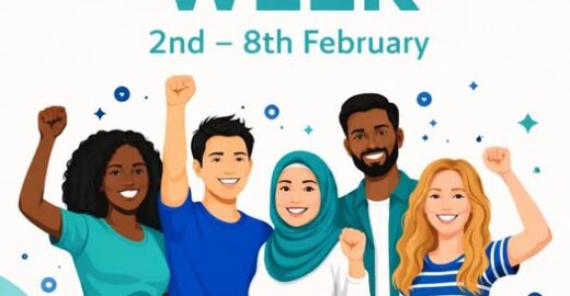 An illustrative graphic for Race Equality Week featuring a diverse group of people standing together with the text "Race Equality Week, 2nd–8th February"